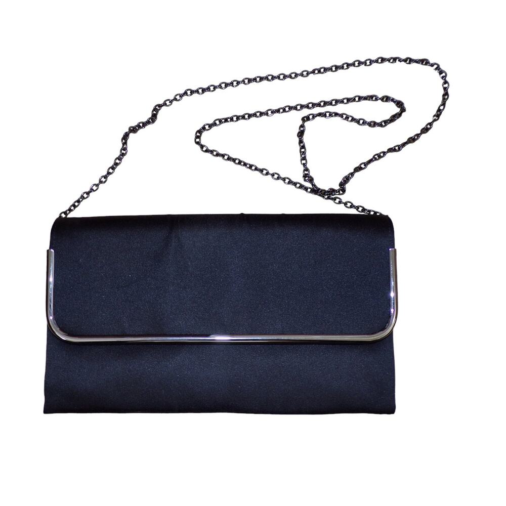 Black Satin Evening Bag Clutch Vintage Lenore by La Regal Black Metal Chain - Picture 2 of 2